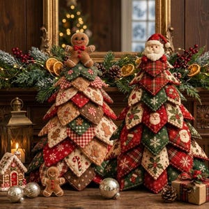 Könnte beinhalten: Zwei dekorative Weihnachtsbaum-Figuren aus Stoff mit geschichteten, gesteppten Stoffstücken in Rot, Grün und Creme. Ein Baum ist mit einer Lebkuchenmann-Figur verziert, der andere trägt eine Weihnachtsmann-Figur an der Spitze.