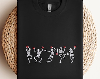 Sweat-shirt squelette dansant Saint-Valentin, sweat-shirt coeurs squelettes brodés, t-shirt drôle de Saint-Valentin, sweat-shirt ras du cou amour mignon