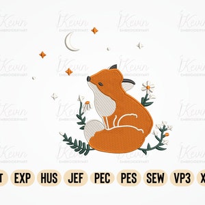 May include: Embroidered design of a fox sitting in a field of flowers with a crescent moon and stars in the background. The design is available in multiple embroidery file formats, including DST, EXP, HUS, JEF, PEC, PES, SEW, VP3, and XXX.