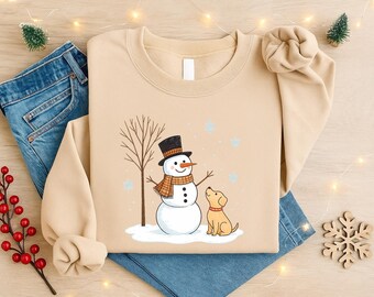 Sweat de Noël Let It Snow, sweat hiver bonhomme de neige de Noël, joli pull de vacances de Noël pour femme, pull ras du cou festif de bonhomme de neige