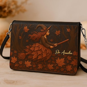 Personalized Witch Art Print Handbag, Spooky Halloween Bag with Handle, Trick or Treat Gothic Purse, Witchy Custom Name Halloween Tote Gift