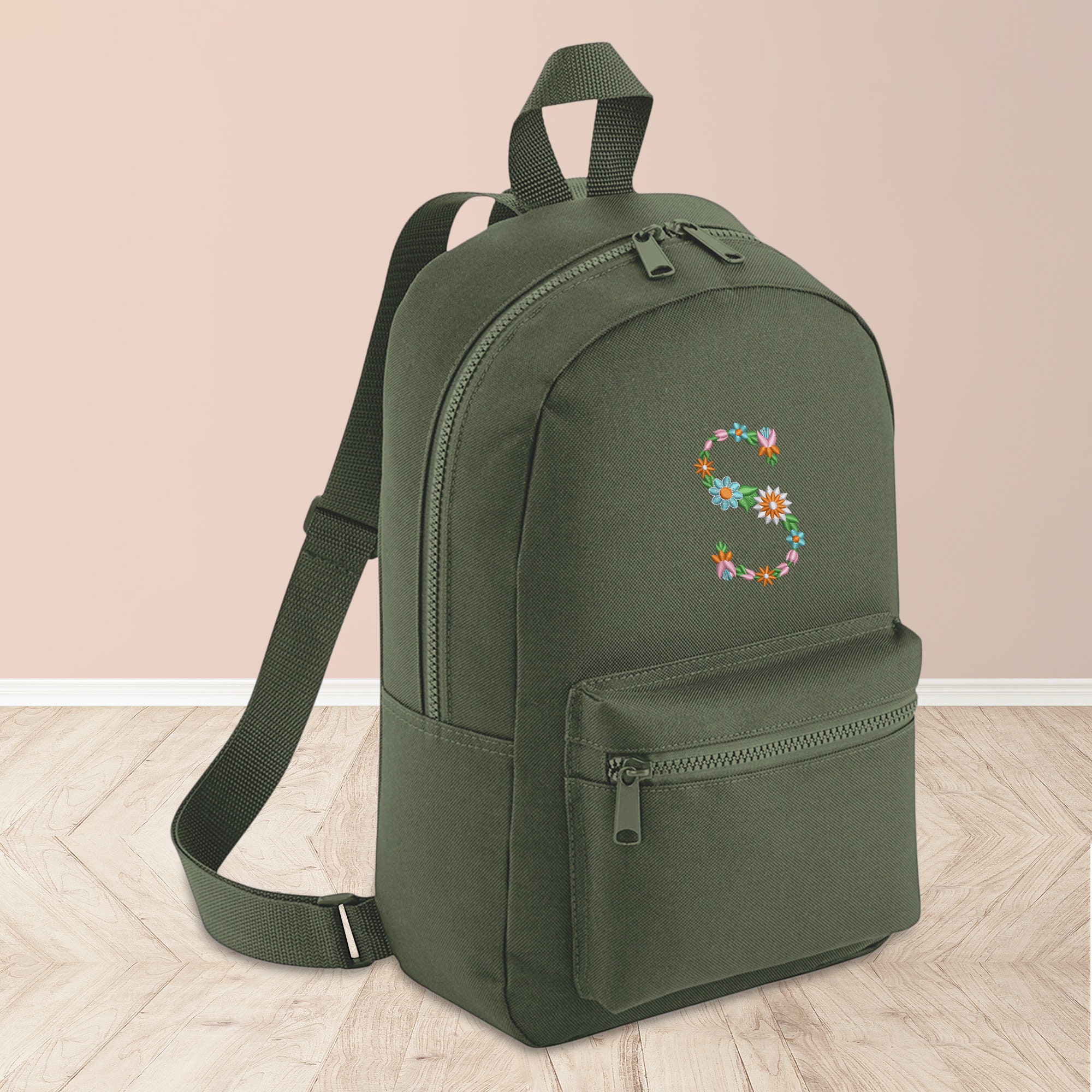 Custom Embroidered Initials Floral Backpacks, Personalised Flower ...
