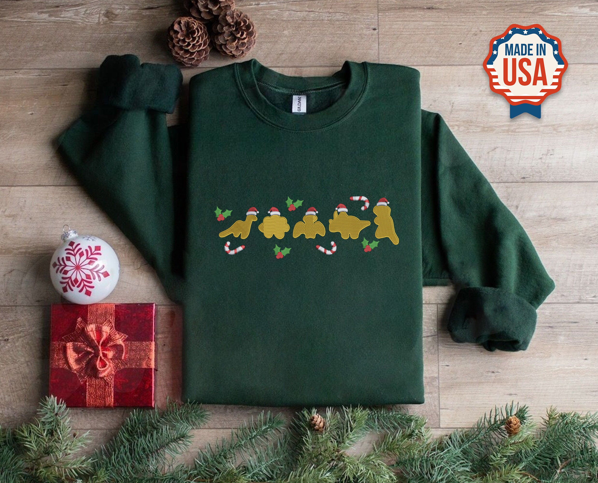 Dinosaur Nugget Embroidered Sweatshirt, Christmas Crewneck Family Matching Sweater, Unisex Comfort Colors Tee Shirt, Christmas Couple Gifts