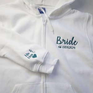 Bride Matching Zip Up Hoodie, Custom Couple Date Initial on Sleeve Hoodie, Personalized Embroidered Bride Est Date Hoodie, Gift for Bride
