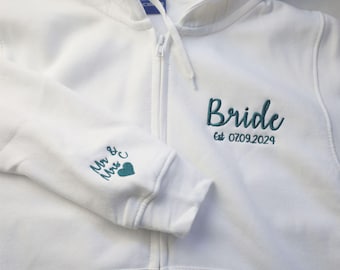 Bride Matching Zip Up Hoodie, Custom Couple Date Initial on Sleeve Hoodie, Personalized Embroidered Bride Est Date Hoodie, Gift for Bride