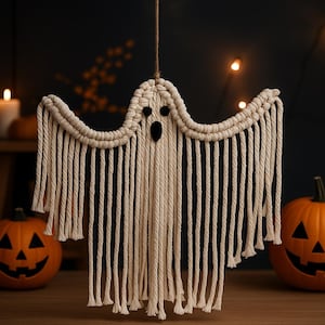 Könnte beinhalten: Eine handgefertigte Makramee-Geisterdekoration mit schwarzen Augen und Mund hängt vor zwei geschnitzten Kürbissen. Der Geist ist aus cremefarbenem Seil gefertigt. Die Kürbisse sind orange und haben geschnitzte Kürbisgesichter. Eine Kerze und Lichterketten im Hintergrund.