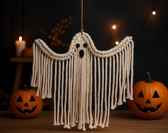 Macrame Ghost Wall Hanging, Spooky Halloween Spooky Decor for Home, Cute Gothic Season Style Wall Art, Handmade Fall Ghost Party Decoration