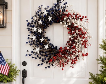 American Flag Berry Wreath, Patriotic Front Door Decor, Rustic America Pip Berry Wreath with Stars, Usa 250th Anniversary Door Decoration