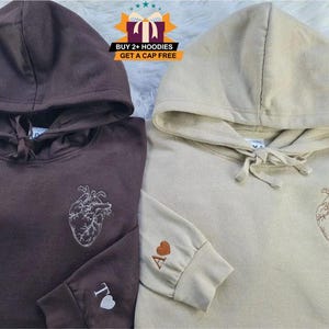 Personalized Couple Initial Hoody, Embroidered Anatomical Heart Sketch Hoodie, Valentines Day GF BF Matching Real Heart Hoody, Gifts for Him
