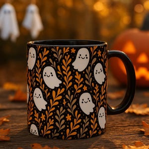 Halloween Festive Ceramic Coffee Mug, Cute Ghosts Halloween Mug, Fall Aesthetic Coffee Cup, Spooky Season Halloween Gift for Coffee Lovers