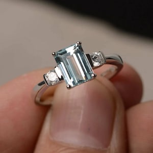Emerald cut Aqumarine with Moissanite Ring in Sterling Silver, Aquamarine Ring, Three Stone Ring, March Birthstone Ring, Gift for Her