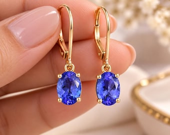 Pendientes de tanzanita AAAA con cierre de palanca, oro amarillo macizo de 14 quilates, pendientes colgantes de tanzanita natural, joyería de piedras preciosas azules, regalo para ella.