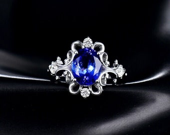 Anello con tanzanite AAAA e moissanite in oro bianco massiccio 14 carati, anello con tanzanite, anello Art Déco, anello con diamanti, gioielli con tanzanite, regalo per lei
