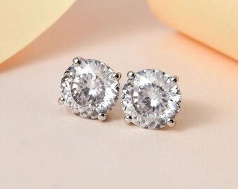 Moissanite Solitaire Stud Earrings in Platinum Over Sterling Silver, Moissanite Earring, Diamond Stud, Diamond Earring, Gift for Her