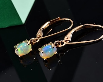 Ethiopian Opal Lever Back Earrings, Yellow Gold Plated Sterling Silver, Opal Drop Earrings, Dangle Earrings, Gemstone Gift for Her