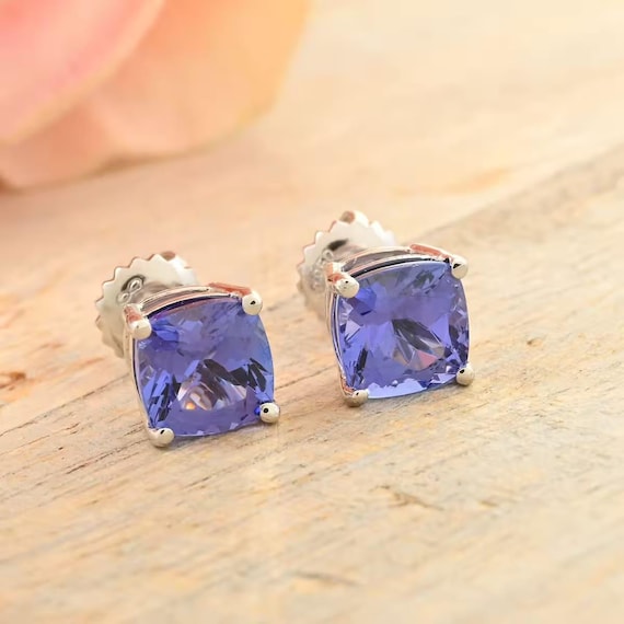 14K White Gold Cushion Cut AAAA Tanzanite Stud Earrings