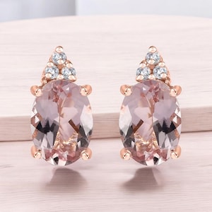 Natural Morganite with Moissanite Stud Earring in Rose Gold Plated Sterling Silver, Morganite Earring, Morganite Stud Earring for Women