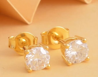 Moissanite Solitaire Stud Earrings in Yellow Gold Plated Sterling Silver, Moissanite Earring, Diamond Stud, Diamond Earring, Gift for Her