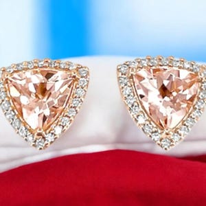 Natural Morganite Moissanite Halo Stud Earring in Rose Gold Plated Sterling Silver, Morganite Earring, Morganite Stud Earring for Women