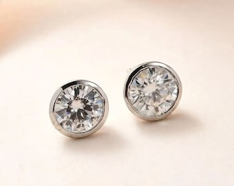 Moissanite Solitaire Stud Earrings in Platinum Over Sterling Silver, Moissanite Earring, Diamond Stud, Diamond Earring, Gift for Her