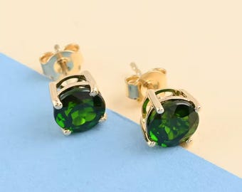 Orecchini a bottone in oro giallo massiccio 14 carati con cromo diopside / Eleganti gioielli con pietre preziose verdi / Orecchini in cromo diopside per donna / Solitario