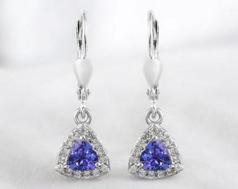 Tanzanite with Moissanite Halo Earring in Sterling Silver, Tanzantie Earring, Lever Back Earring, Tanzanite Jewelry, Drop Earring for Women