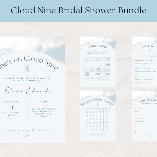 She's On Cloud Bridal Shower Invite, Cloud Nine Bridal Shower Games, DIY Bridal Shower Games Printable Download, Editable Template Bundle