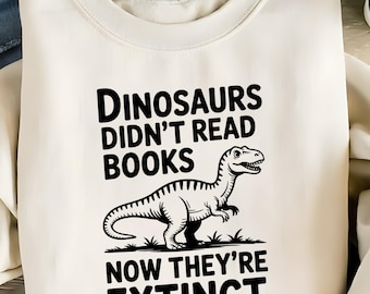 Imagem PNG de um dinossauro engraçado lendo - "Dinossauros não liam" - Baixe a citação para amantes de livros.