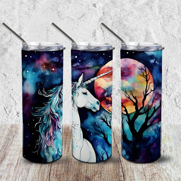 White Unicorn Under Big Psychedelic Moon - 20 oz Sublimation Tumbler Wrap, Digital Download, Unicorn Lover, Equine Art, Unicorn Gift