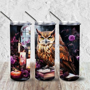 Painterly Style Owl on Books by Purple Flowers - Painterly Style 20 oz Sublimation Tumbler Wrap, Owl Lover Gift, Owl Art, Digital File, PNG