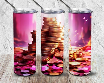 Moedas de ouro e pétalas de flores rosa em roxo - envoltório de sublimação de 20 onças, arquivo digital, impressão de copo de dinheiro Hustler, amante de glamour, cadela chefe, png