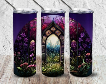 Porta Gótica para Arte de Fantasia de Jardim Secreto - Copo de Sublimação de 20 oz, Amante de Jardim, Arte Gótica, Copo de Arte de Fantasia