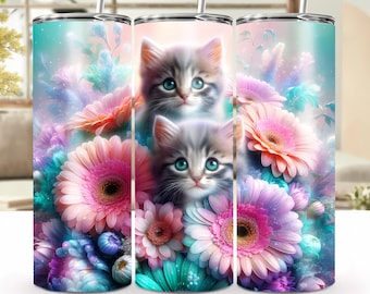 Gatos malhados cinzas em margaridas rosa e roxas - Embalagem para copo de sublimação de 20 oz, Amante de gatos, Copo para gato, Arte brilhante PNG para baixar
