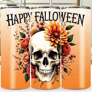 Floral Skull Happy Falloween Tumbler Wrap - 20 oz Seamless Sublimation PNG, Halloween Art PNG, Spooky Fall vibes, Autumn Lover, Digital File