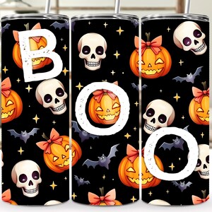 Halloween Skull & Pumpkin Pattern Tumbler Wrap - 20 oz Sublimation PNG, Fun Spooky Halloween Art, Boo Text, Digital File