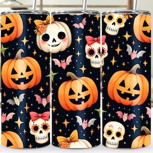 Cute Halloween Skull & Pumpkin Tumbler Wrap - 20 oz Sublimation PNG, Spooky Halloween Art, Digital File