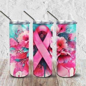 Breast Cancer Awareness Pink Ribbon - 20 oz Sublimation Tumbler Wrap, Digital Download, Pink Flowers, Alcolohol  Ink Painting Boho Art