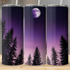 May include: Three stainless steel tumblers with a purple and pink gradient background featuring a full moon and silhouetted pine trees.