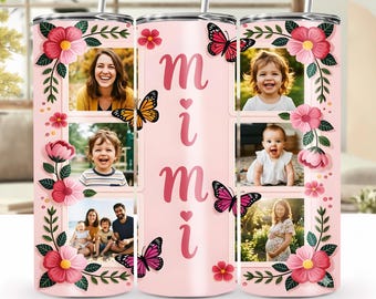 Adesivo para copo térmico Cute Pink Mimi PNG, com foto personalizada de borboleta e flores, 591 ml (20 oz)