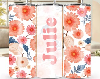 Adesivo personalizado com estampa floral de margaridas corais e nome – Sem emendas para copo térmico de 590 ml (20 oz) PNG