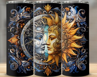 Regal Sun and Moon Faces Fantasy Art - 20 oz Sublimation Tumbler Wrap, Romantic Lover Illustration, Gothic Art, Baroque Inspired Art Tumbler