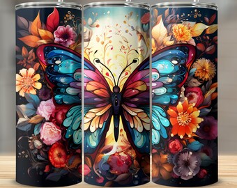 Rainbow Butterfly on Wimmelbilder Floral Background - 20 oz Sublimation Tumbler Wrap, Digital Download, Fantasy Art, Butterfly Tumbler, PNG