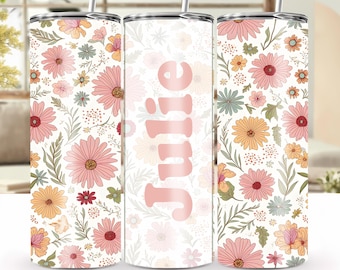 Adesivo personalizado com nome vintage e estampa de flores silvestres – modelo PNG para copo térmico de 590 ml (20 oz)