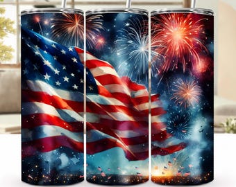 Fogos de artifício e bandeira patriótica dos EUA - Envoltório para copo de sublimação de 20 oz, arte de 4 de julho, download digital