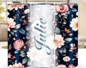 Etiqueta personalizada com nome, estampa floral elegante em tons escuros – 20 oz (591 ml), PNG, estampa de flores variadas