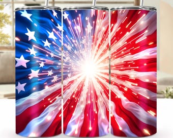 Fogos de artifício com raios solares e bandeira americana - embalagem para copo de sublimação de 20 oz, arte do 4 de julho, download digital
