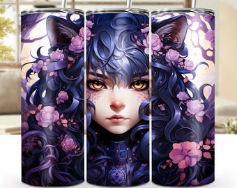 Garota inspirada em anime com orelhas de gato e flores roxas - embalagem para copo de sublimação de 20 oz, presente de arte fantástica, caneca para amantes de gatos, arquivo PNG