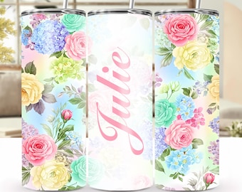 Adesivo personalizado com nome e rosas em tons pastel para copo térmico de 590 ml (20 oz) - PNG