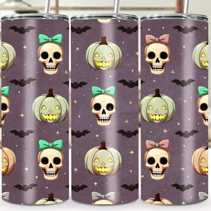 Cute Pastel Halloween Skull & Pumpkin Tumbler Wrap - 20 oz Sublimation PNG, Fun Spooky Halloween Art, Digital File