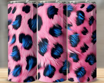 Estampa de leopardo sem costura rosa e azul - envoltório de copo de sublimação de 20 onças, copo peludo, estampa de chita rosa, png